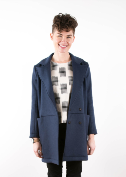 Women wearing the Yates Coat sewing pattern by Grainline Studio. A coat pattern made in melton, boiled or felted wool with a hidden double breasted snap closure, full lining and slightly oversized lapels.
