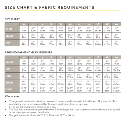 Size chart Morgan jeans sewing pattern from Closet Case Patterns from The Fold Line