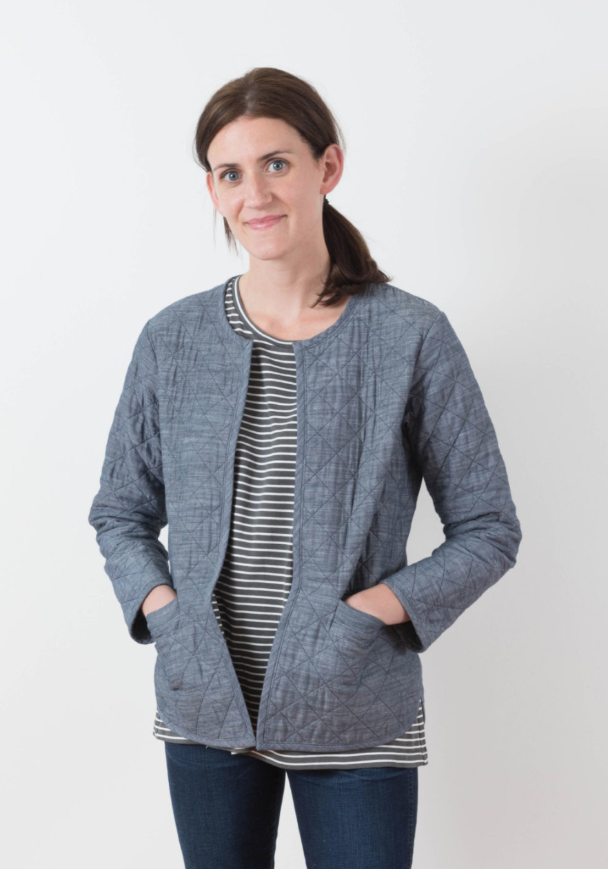 Women wearing the Tamarack Jacket sewing pattern by Grainline Studio. A quilted jacket pattern made in cotton, linen or chambray with a round neck and roomy welt pockets.