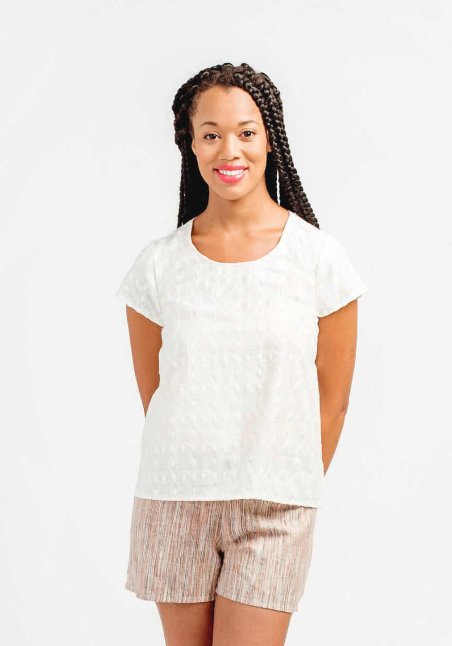 Women wearing the Scout Tee sewing pattern by Grainline Studio. A T-Shirt pattern made in cotton, silk, crepe, or charmeuse fabric featuring a round neck and capped sleeves.