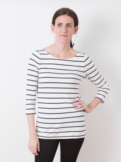 Women wearing the Lark Tee sewing pattern by Grainline Studio. A T-shirt pattern made in jersey or knit fabric featuring a round neck and three quarter sleeves.