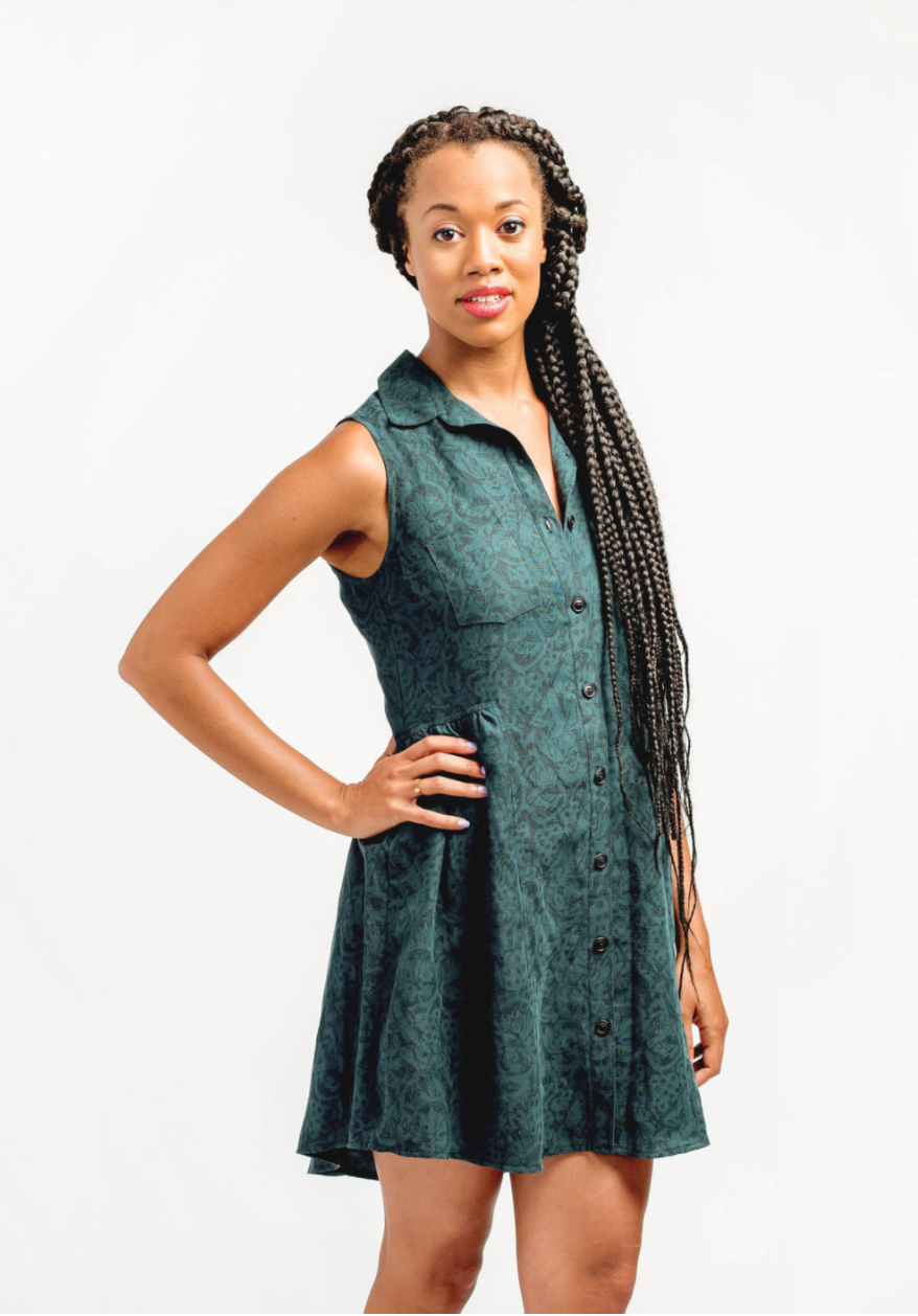 Women wearing the Alder Shirtdress sewing pattern by Grainline Studio. A sleeveless dress pattern made in silk, crepe, cotton denim or linen fabric featuring collar, breast pockets and front button closure.