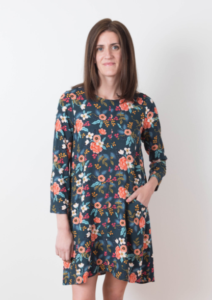 Women wearing the Farrow Dress sewing pattern by Grainline Studio. An A-line Dress pattern made in cotton, linen, wool and silk fabric featuring bracelet sleeves and jewel neckline.