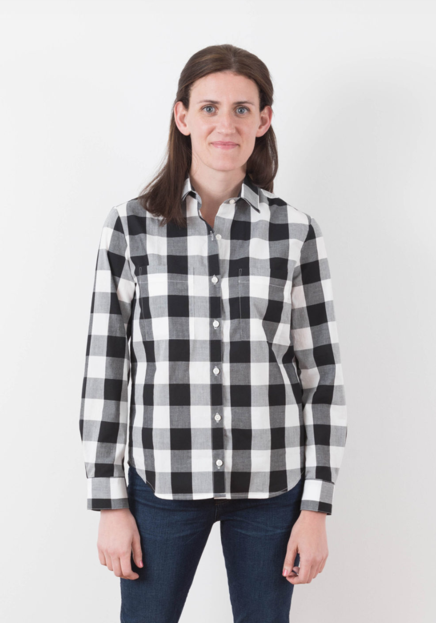Women wearing the Archer Button Up Shirt sewing pattern by Grainline Studio. A front button shirt pattern made in crepe, cotton, denim or linen fabric featuring collar, cuffs and long sleeves.
