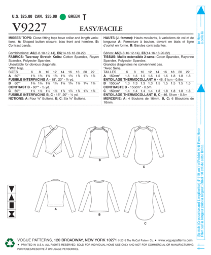 Vogue Sewing Pattern V9227 Women's Misses' Button Detailed Top 