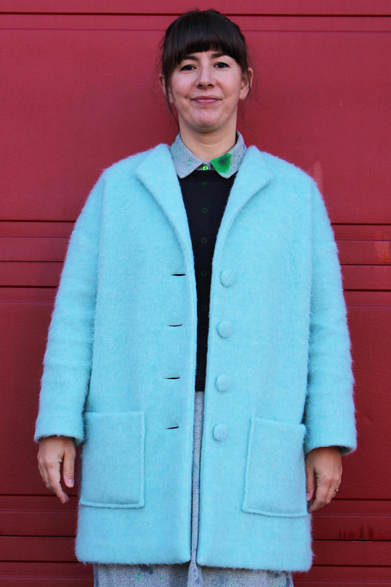 Women wearing the Honetone Coat sewing pattern from Marilla Walker on The Fold Line. A coat pattern made in coating wool fabrics, featuring a straight cut, thigh length hem, grown on sleeves, front patch pockets and button front fastening.