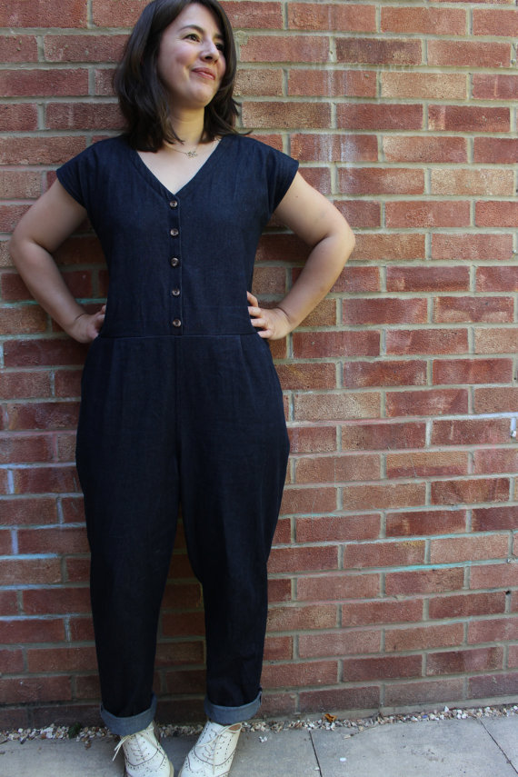 Women wearing the Jumpsuit from the Roberts Collection sewing pattern from Marilla Walker on The Fold Line. A jumpsuit pattern made in denim, cotton twill, linen, viscose or medium weight cotton fabrics, featuring a roomy fit, dropped waist/crotch, cap sleeves, small front hip pleats, topstitched neck facings, front button fastening and front pockets.