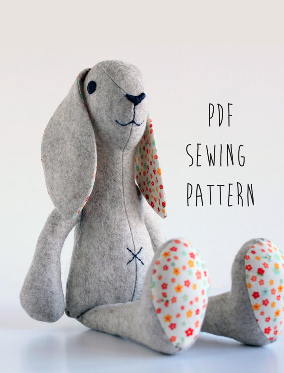Rabbit shaped toy sewing pattern by Crafty Kooka. A soft toy pattern made in wool felt, cotton, linen, plush or minky fabrics. Sew your very own baby bunny with this unique and imaginative pattern.