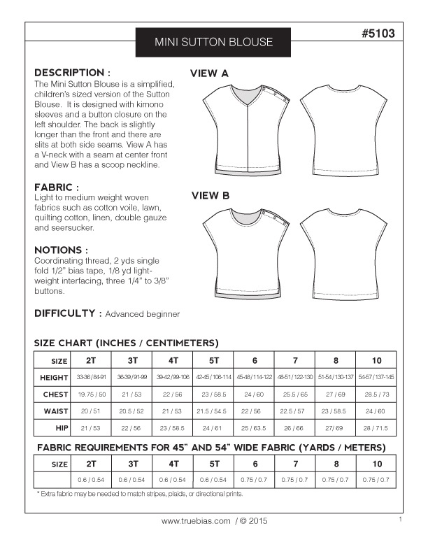 The Mini Sutton Blouse Sewing Pattern - True Bias - Available from The ...