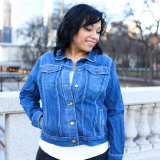 Woman wearing the Hampton Jean Jacket sewing pattern by Alina Sewing and Design Co. A jacket pattern made in non-stretch denim, cotton twill, linen or wool fabric featuring welt pockets, in-panel top pockets, long sleeves and a button front.