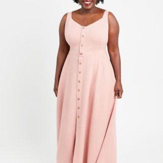 Woman wearing the Holyoke Maxi Dress sewing pattern by Cashmerette. A maxi dress pattern made in light to mid-weight wovens such as cotton lawn, linen or rayon fabric featuring wide bra friendly straps, an angled neckline and a button front.