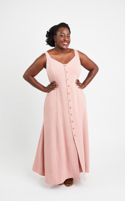 Woman wearing the Holyoke Maxi Dress sewing pattern by Cashmerette. A maxi dress pattern made in light to mid-weight wovens such as cotton lawn, linen or rayon fabric featuring wide bra friendly straps, an angled neckline and a button front.