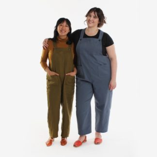 Women wearing the Yanta Overalls sewing pattern by Helens closet. A dungaree pattern made in cotton, twill, denim, or linen featuring a v-shaped back, button-fastening straps and pointed pocket.