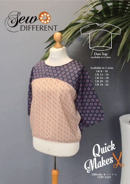 Photo showing the Duo Top sewing pattern from Sew Different on The Fold Line. A top pattern made in denim, cotton, linen, lawn, viscose or crepe fabrics, featuring a round neck, relaxed fit and ¾ length loose sleeves.