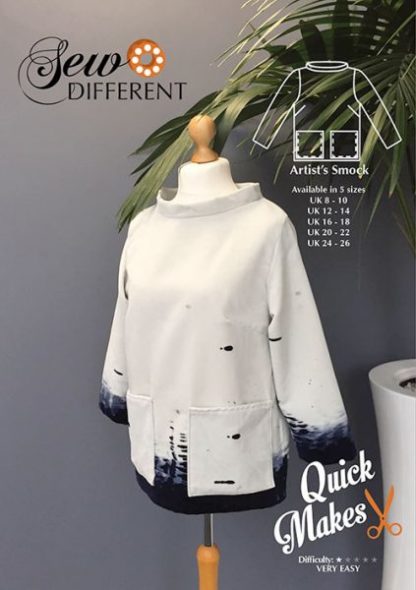 Photo showing the Artist's Smock sewing pattern from Sew Different on The Fold Line. A top pattern made in cotton, linen, denim or corduroy fabrics, featuring a stand collar, loose fit, inset three-quarter length sleeves, oversize patch pockets and bust darts.