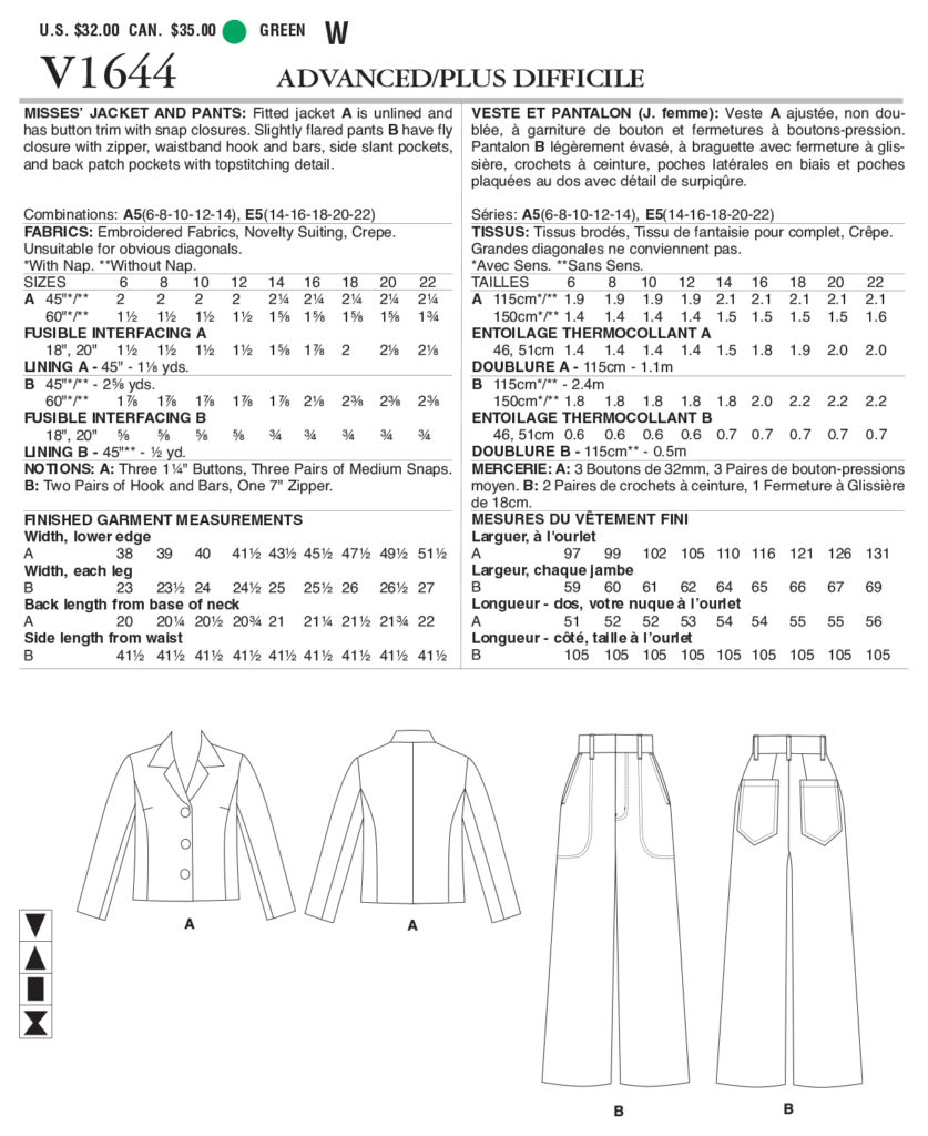 Vogue Jacket and Trousers V1644 - The Fold Line