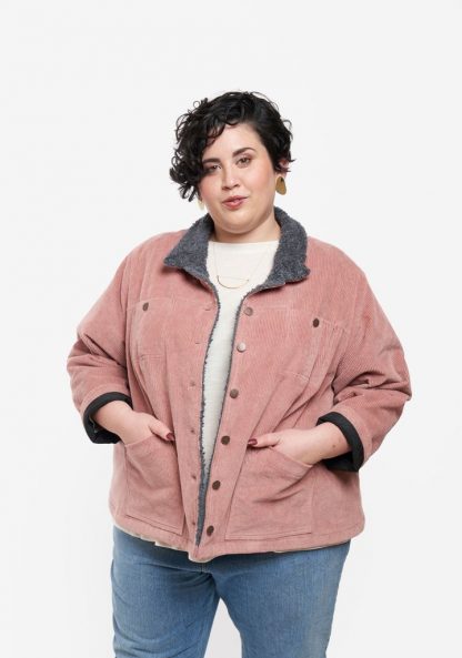 Women wearing the Thayer jacket sewing pattern  by Grainline Studio. A workwear inspired jacket pattern made in denim, twill or corduroy fabric with roomy patch pockets and fully lined for plenty of warmth