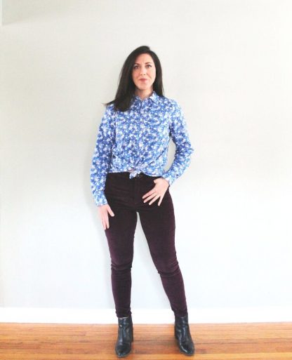 Women wearing the Byrdie Button-up Blouse sewing pattern from Pattern Scout on The Fold Line. A blouse pattern made in light to medium weight woven fabrics, featuring a button front closure, long sleeves with button cuffs, straight point collar and breast pockets.