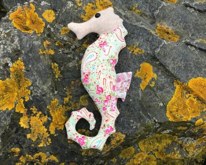 Seahorse toy, the Seahorse Pin Cushion sewing pattern by Crafty Kooka. A soft toy pattern made in felt, cotton, linen, plush or minky fabric.