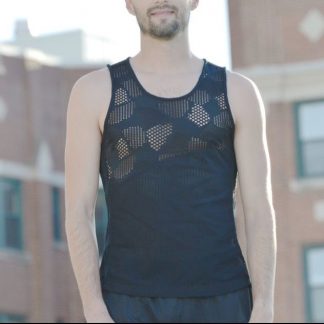 Man wearing the Men's Eddie Top sewing pattern by Goheen Designs. A tank top made in knit stretch fabric with at least 25% stretch, featuring a scoop neckline and very close fit.