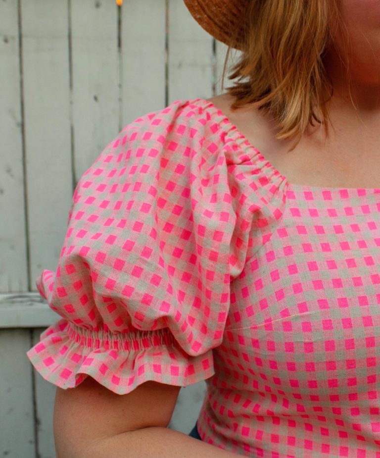 Neon pink gingham Tudor Blouse - The Fold Line