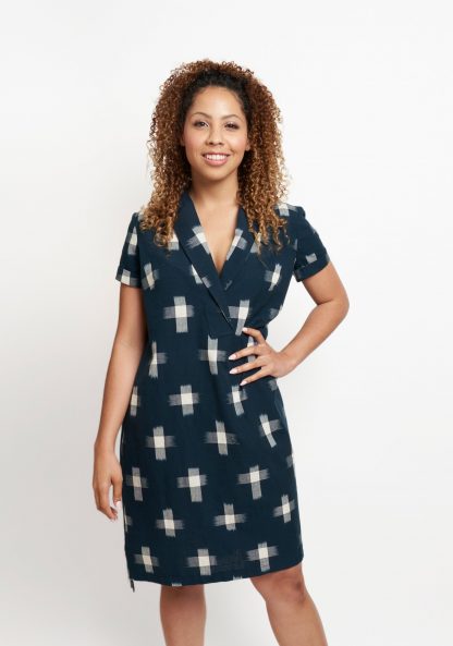 Women wearing Augusta dress sewing pattern by Grainline Studio. A cocoon shaped dress made in cotton, linen, chambray or rayon fabric with an asymmetrical collar.