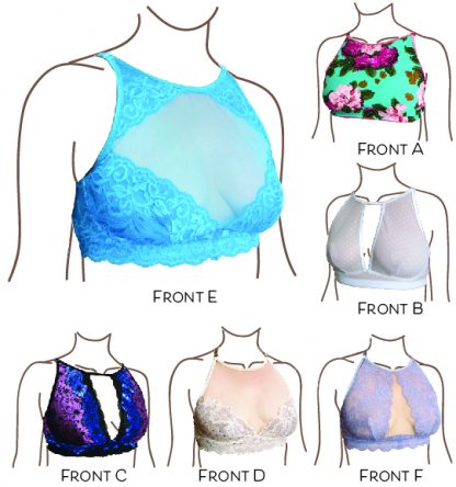 Image showing the 6 Delvine Bralettes sewing pattern by Primrose Dawn. A bra pattern made in tricot, bra tulle, sheer cup lining, nylon tricot, nylon chiffon or dazzle tricot fabrics, featuring a high neck, bust darts, keyhole opening and four different lace overlays, back options include a full-coverage princess-seam band with lace, straight back band with strap attachments or a halter back.