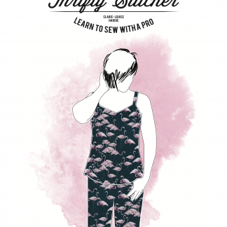Illustration showing the Alex PJ Set sewing pattern from The Thrifty Stitcher on The Fold Line. A PJ set pattern made in light or mid-weight woven such as cotton voile, lawn, quilting cotton, poplin or polycotton fabrics, featuring an elasticated pyjama trouser and a camisole top.