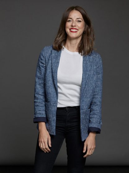 Woman wearing The Blazer sewing pattern from The Avid Seamstress on The Fold Line. A blazer pattern made in lightweight wool, corduroy, velvet, crepe, cotton, rayon or linen fabrics, featuring shoulder darts, front pockets, panelled sleeves and collar with lapels.