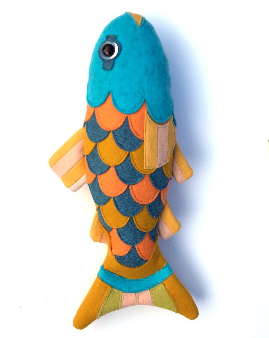 Soft toy, the Salmon of Knowledge Soft Toy sewing pattern by Crafty Kooka. A soft toy pattern made in wool felt, cotton, linen, plush or minky fabrics.