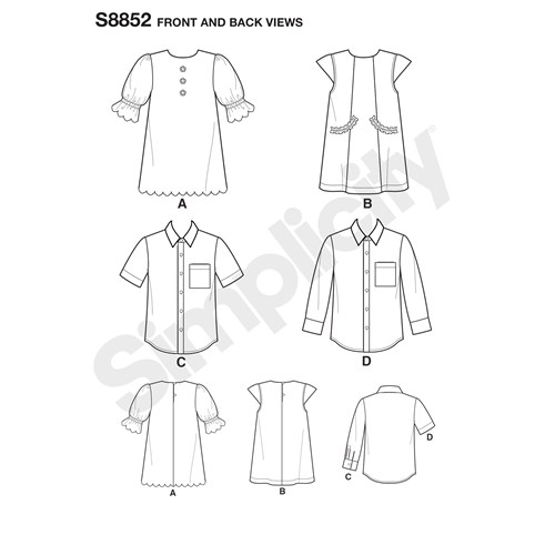 3-4-5-6-7-8 Simplicity US8852A Pattern S8852 Childs Dresses and Shirt A