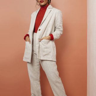 Woman wearing the Heather Blazer sewing pattern by Friday Pattern Company. A blazer pattern made in linen, suiting, twill, denim or canvas fabric featuring a slightly oversized fit, single button closure, front patch pockets and lapel collar.