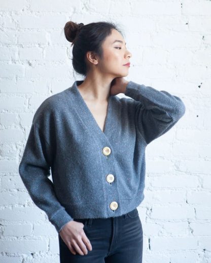 Women wearing the Marlo Sweater sewing pattern by True Bias. A cardigan pattern made in stretch or non-stretch fabrics, featuring an oversized fit, dropped shoulder, long sleeves, deep V-neck and large button front closure.