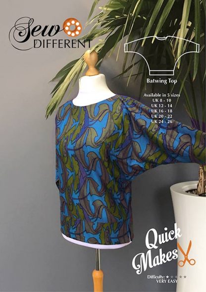 Photo showing the Batwing Top sewing pattern from Sew Different on The Fold Line. A top pattern made in cotton, linen, lawn, viscose or crepe fabrics, featuring a round neck, relaxed fit and ¾ length batwing sleeves.