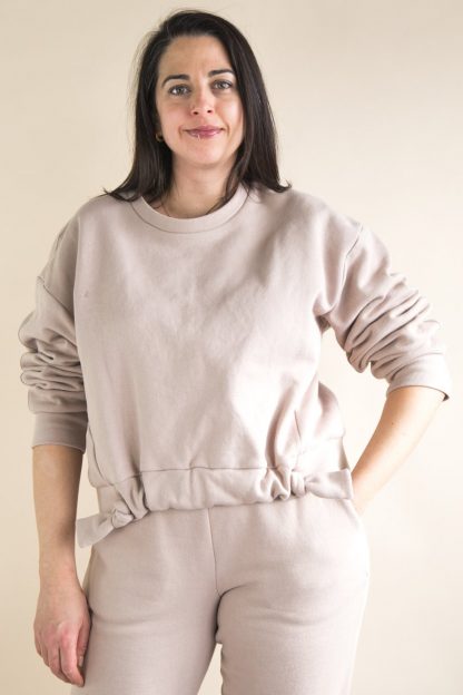 Woman wearing the Mile End Sweatshirt sewing pattern by Closet Core Patterns. A sweatshirt pattern made in cotton fleece, polar fleece, French terry, ponte and double knit fabric with at least 15% crosswise stretch, featuring an oversized fit, crew neckline and long sleeves.
