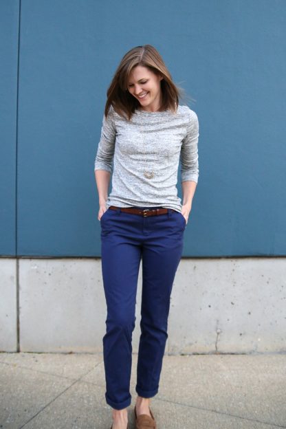 Woman wearing the Chi-Town Chinos sewing pattern from Alina Design Co on The Fold Line. A trouser pattern made in cotton twill, chambray, denim, linen, linen blends or wool blend fabrics, featuring additional pattern pieces to make semi-fitted, full-length trousers with back welt pockets.