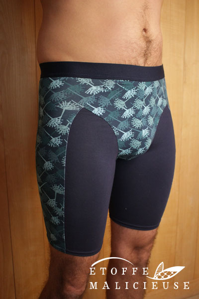 Man wearing the Men's Apollon Boxer Brief sewing pattern from Etoffe Malicieuse on The Fold Line. A boxer brief pattern made in Jersey with about 70% stretch fabric, featuring a long leg length, colour blocking and elastic waistband.