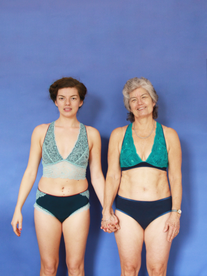 Women wearing the Josie Bra and Pants sewing pattern from Made My Wardrobe on The Fold Line. A bra and pants pattern made in cotton jersey fabrics, featuring a bra with cross back straps, long or short underband, back hook and eye closure. The hipster pants are low rise with full back coverage and optional lace on the leg seam.