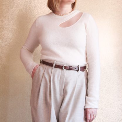 Women wearing the Matvey Top sewing pattern from Lenaline Patterns on The Fold Line. A top pattern made in jersey, mesh or stretchy fabrics, featuring long sleeves, round neck and asymmetrical cut-out.