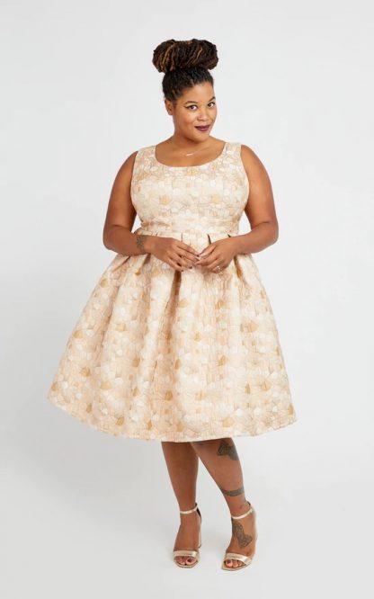 Woman wearing the Upton Dress sewing pattern from Cashmerette on The Fold Line. A dress pattern made in cotton, linen, double gauze or upholstery fabrics, featuring multiple bodice, skirt, sleeve and neckline options for over 350 combinations!