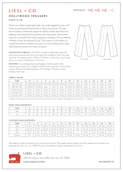 Digital Hollywood Trousers Sewing Pattern, Shop