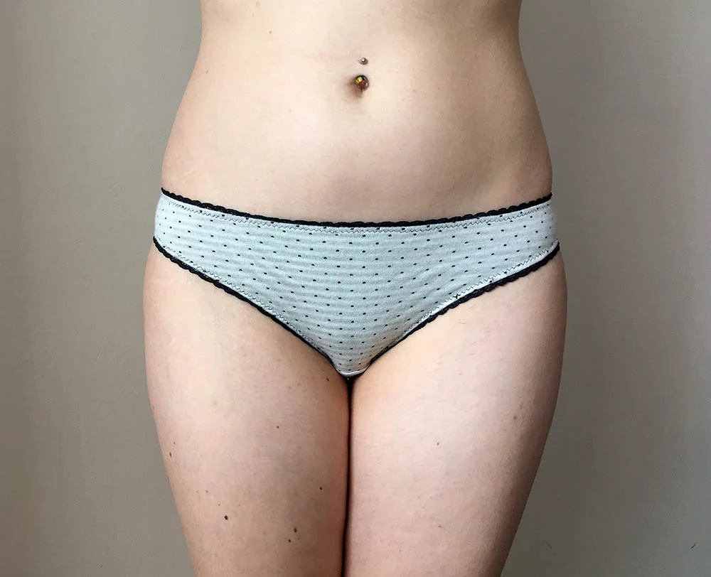 Women wearing the Honey Knicker sewing pattern from Sew Projects on The Fold Line. A briefs pattern made in jersey, stretch satin, soft mesh or stretch lace fabrics, featuring medium to full bum coverage, sits at the hips and standard leg opening.