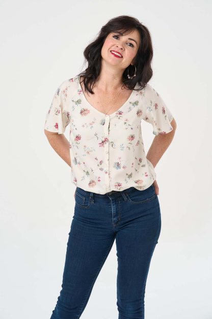 Women wearing the Isabelle Blouse sewing pattern from Sew Over It on The Fold Line. A blouse pattern made in viscose, rayon or crepe fabrics, featuring fluted sleeves, relaxed fit, gently curved V-shaped neckline, front button closure and raglan sleeves.