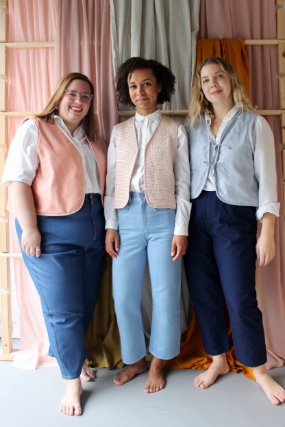 Women wearing the Women's Everyday Waistcoat sewing pattern from The New Craft House on The Fold Line. A waistcoat pattern made in cotton, linen or double gauze fabrics, featuring self-fabric ties, two front patch pockets and a V-neck.