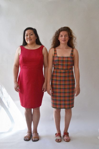 Women wearing the Delilah Dress sewing pattern from Made My Wardrobe on The Fold Line. A dress pattern made in cotton, linen or light denim fabrics, featuring a fitted silhouette, low square or round neck, deep V or X back, back zip closure, sleeveless and knee length.