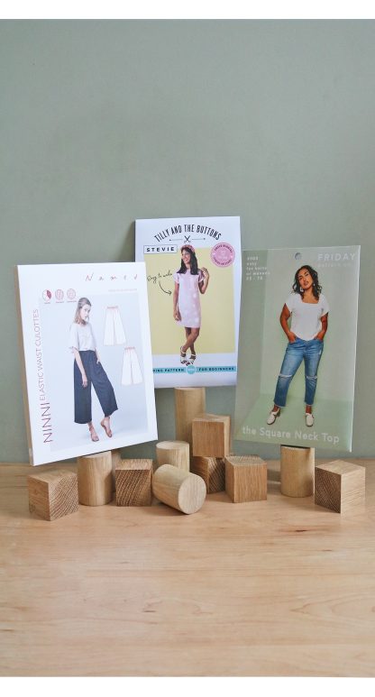 Photo showing the Perfect for Beginners: Sewing Pattern Bundle which includes the Square Neck Top, Stevie Tunic and Ninni Culottes. This set is ideal for a beginner sewist and is perfect for a present or gift.