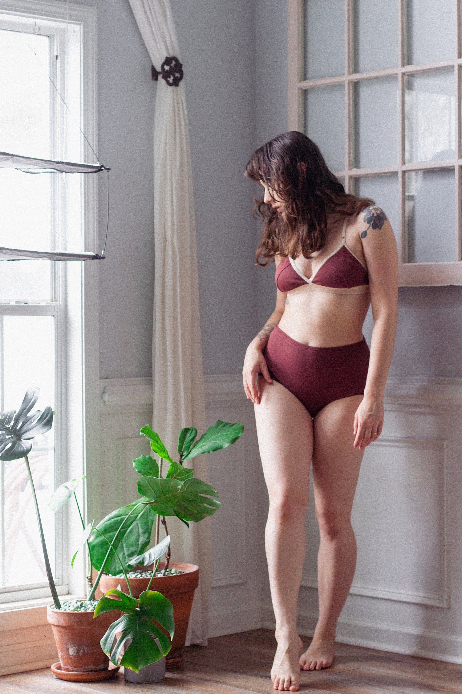 Women wearing the Lavande Undies sewing pattern from Untitled Thoughts on The Fold Line. A briefs pattern made in Knit fabric with at least 40% stretch, featuring a high waist, curved gusset, and full bum coverage.
