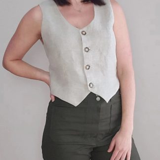 Women wearing the Birch Vest sewing pattern from Pattern Scout on The Fold Line. A waistcoat pattern made in linen, cotton poplin, cotton twill, wool suiting, and denim fabrics, featuring a full lining, princess seams, deep scoop neckline, and front button closure.
