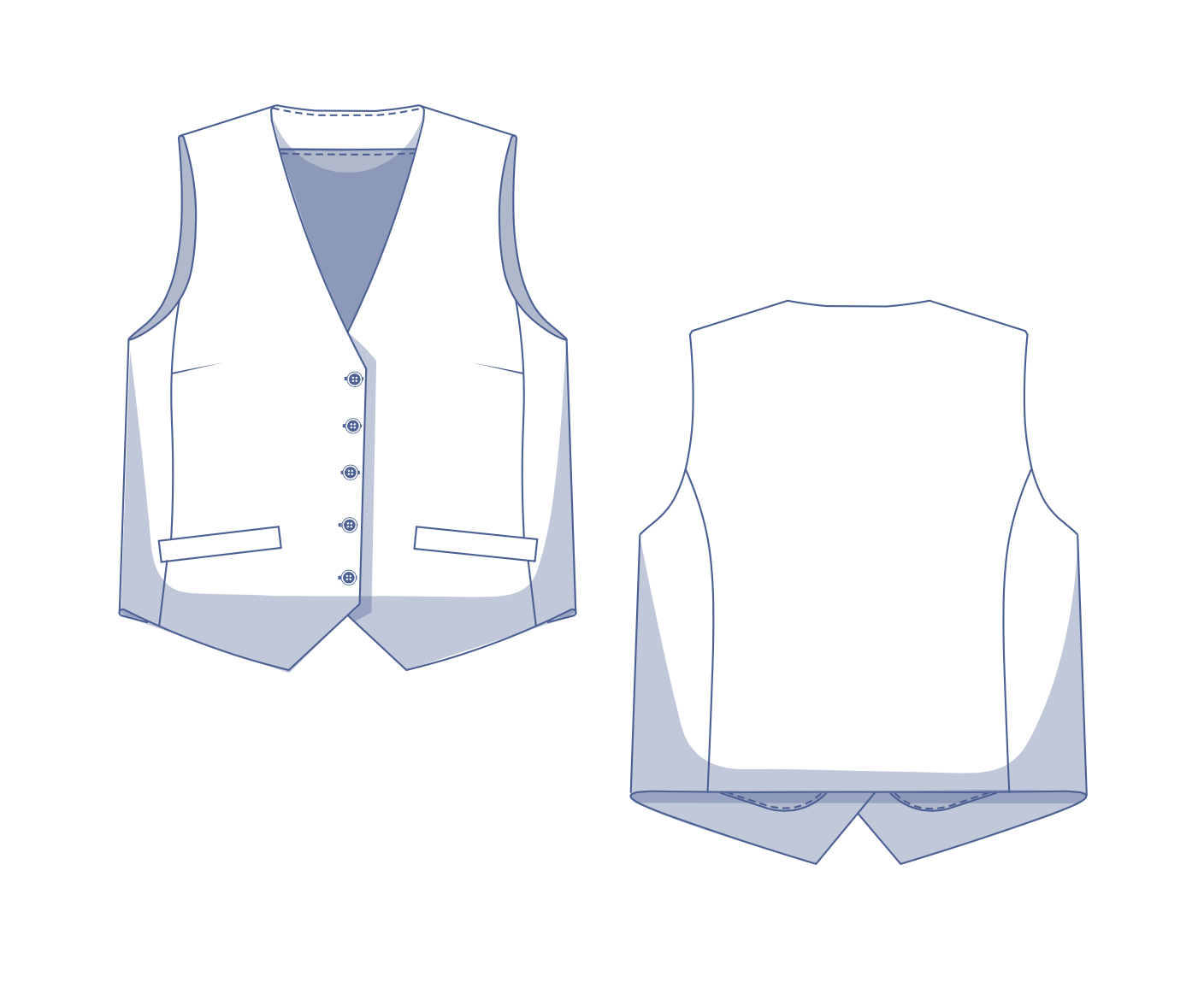 Lapelled Vest Waistcoat Technical Fashion Illustration With Sleeveless,  Notched Shawl Collar, Button-up Closure, Pockets. Flat Template Front,  Back, White Color Style. Women, Men Unisex Top CAD Mockup Royalty Free SVG,  Cliparts, Vectors,