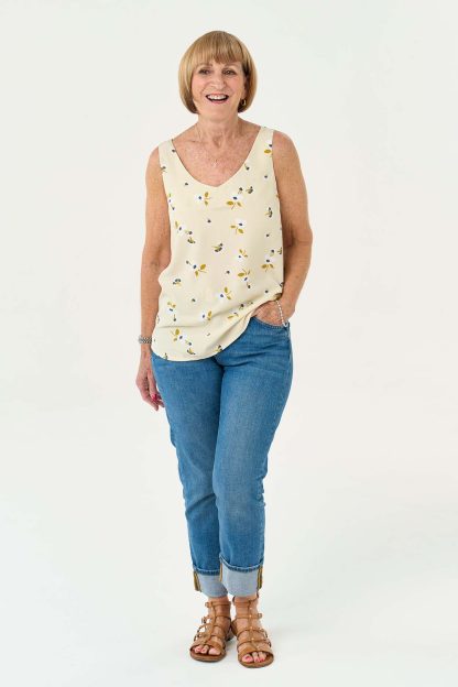 Women wearing the Emily Top sewing pattern from Sew Over It on The Fold Line. A cami top pattern made in viscose, crepe or cotton lawn fabrics, featuring a full length with curved hem, and V-neck.